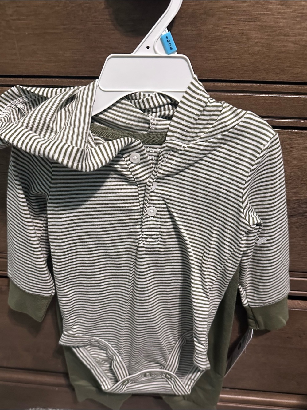 Striped Hooded Bodysuit in Olive Green with matching pants.